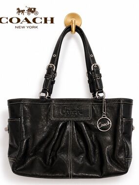 Coach East West Gallery Pleated Patent Leather Tote Shoulder Bag – Black